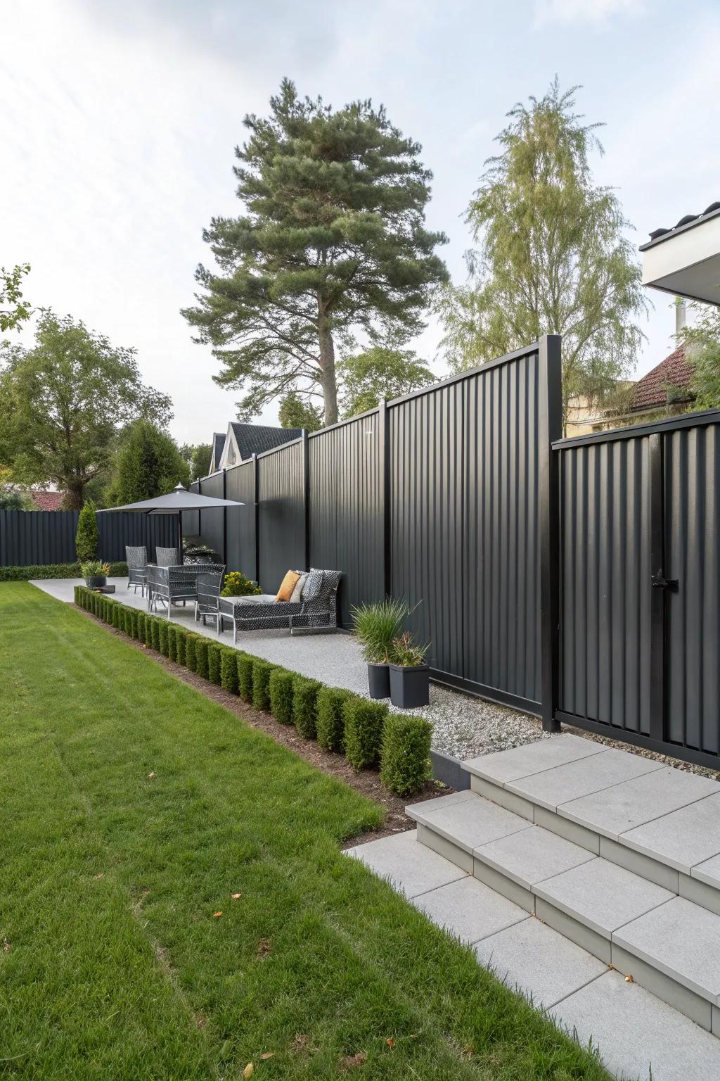 A modern backyard featuring a sleek, minimalist alloy privacy fence.
