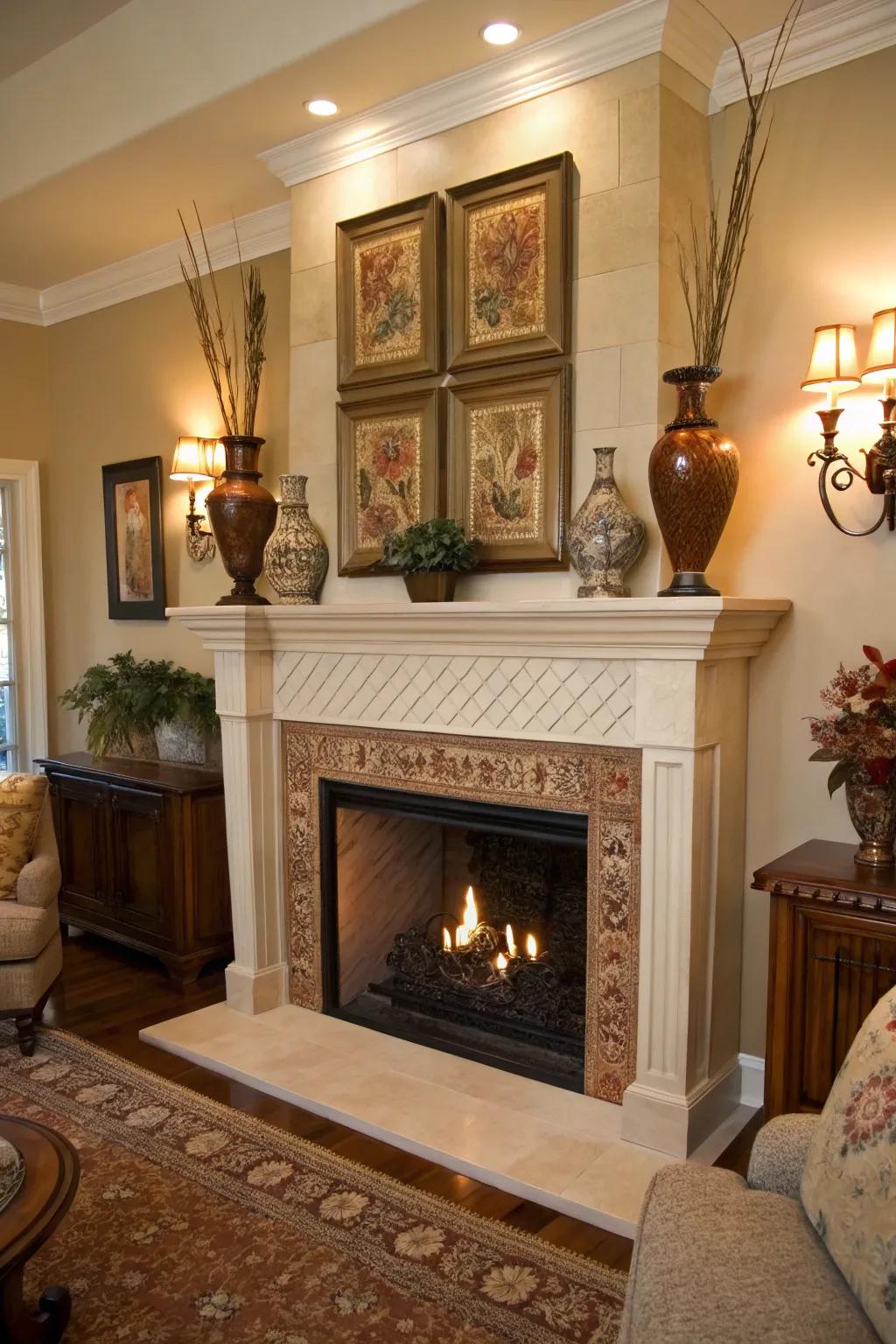 Decorative items personalize a tall fireplace wall.