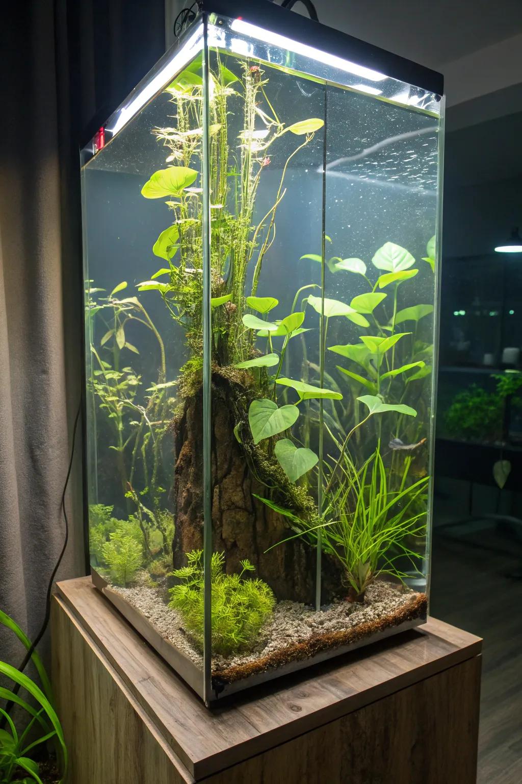 A towering tank with a utopia of hanging plants.