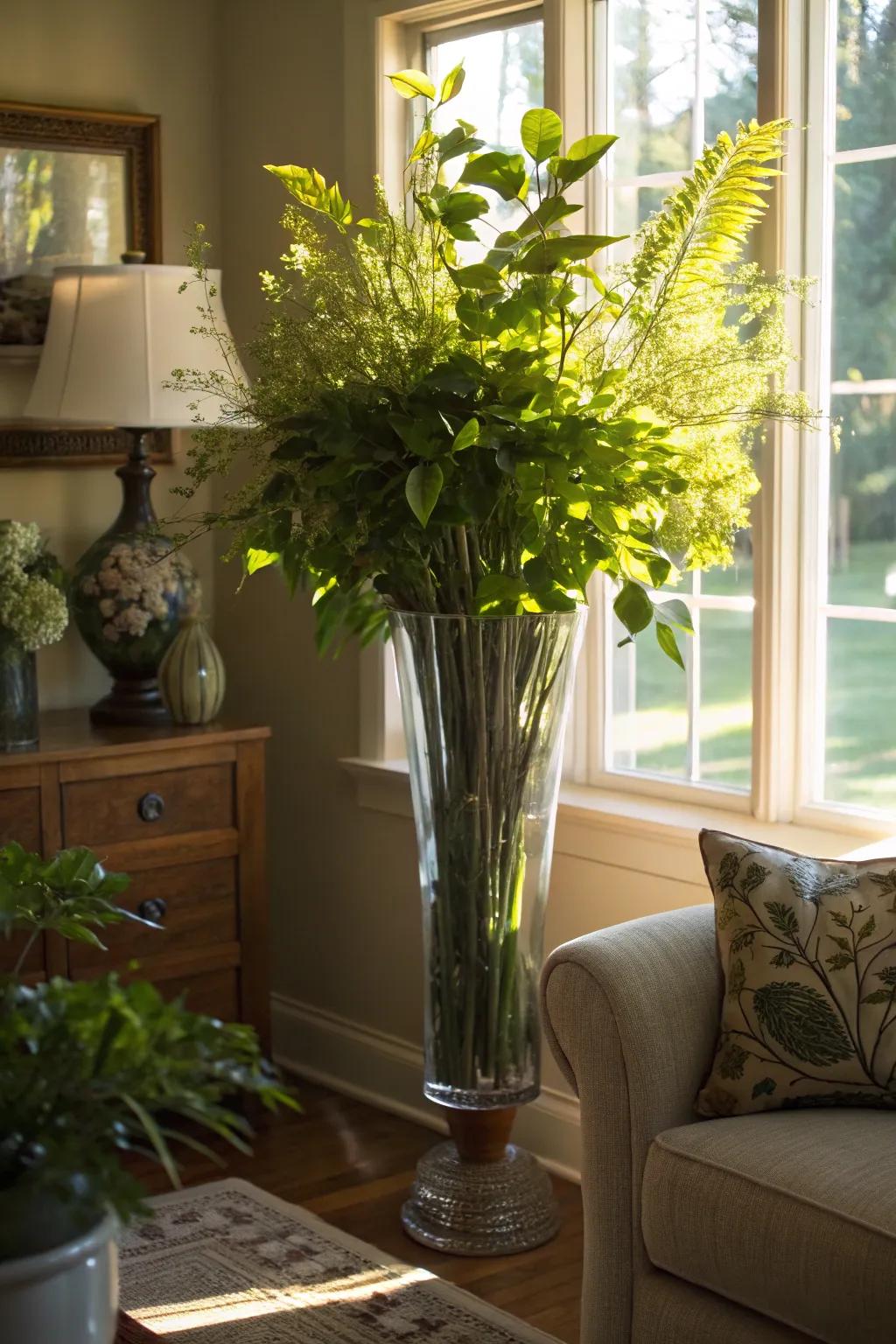 An elevated glass vase brimming with exuberant verdure, thereby brightening a sunlit alcove within the domicile.