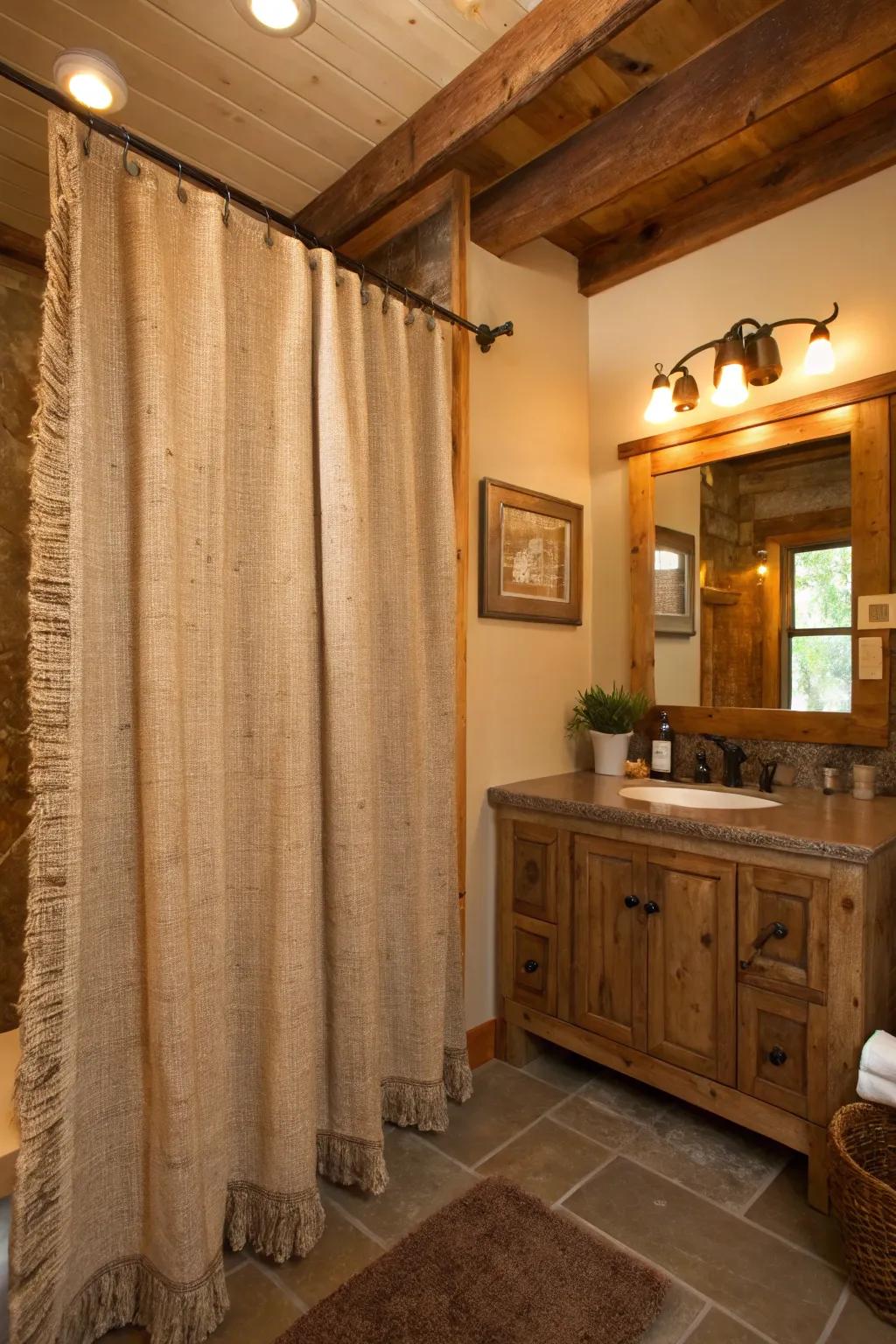 A country theme with natural fibers infuses warmth and charm into your bathroom.