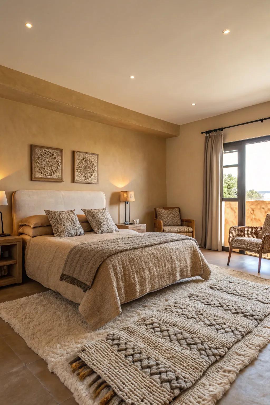 Plush carpets and textiles append levels of comfort to the tan aesthetic.