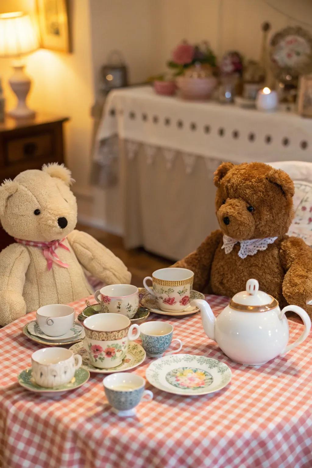 Stuffed animals add a playful and fanciful element to the tea party.
