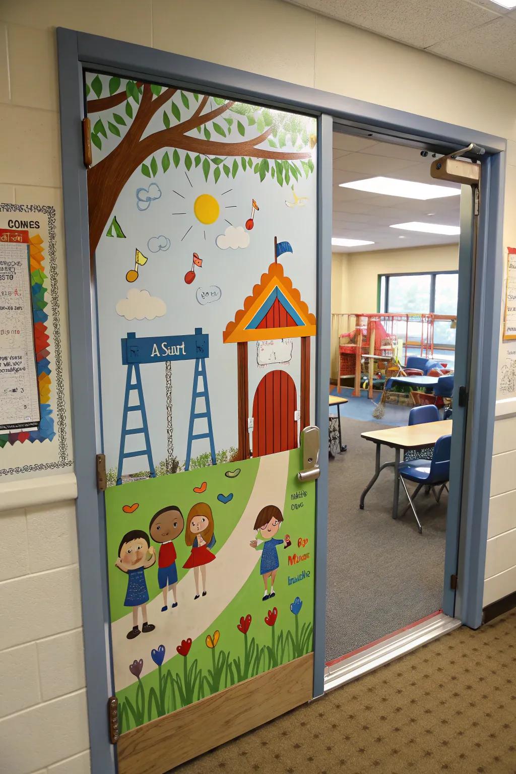 A lively, recess-themed door celebrating learning.