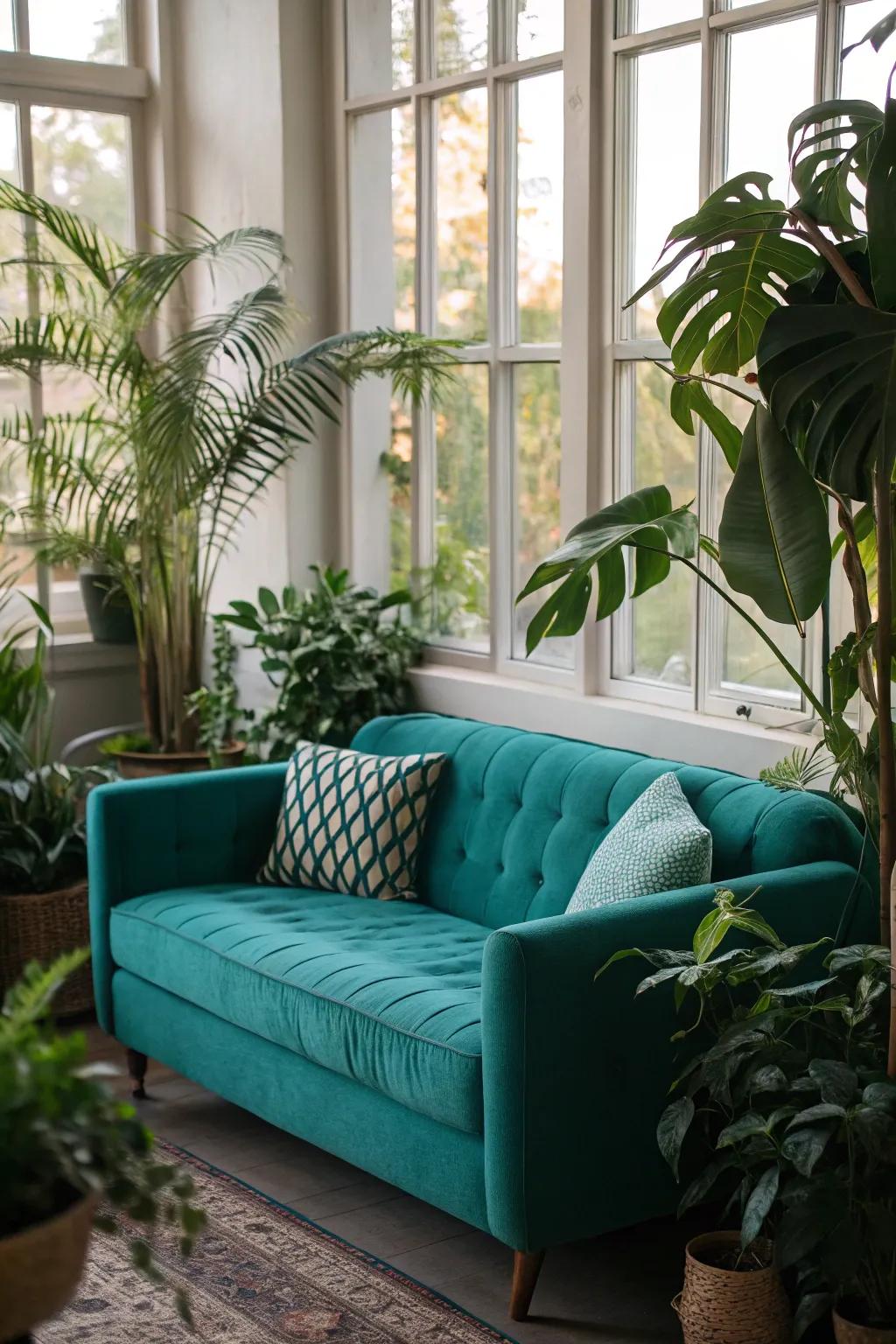Lush vegetation enhances the freshness of a teal settee.