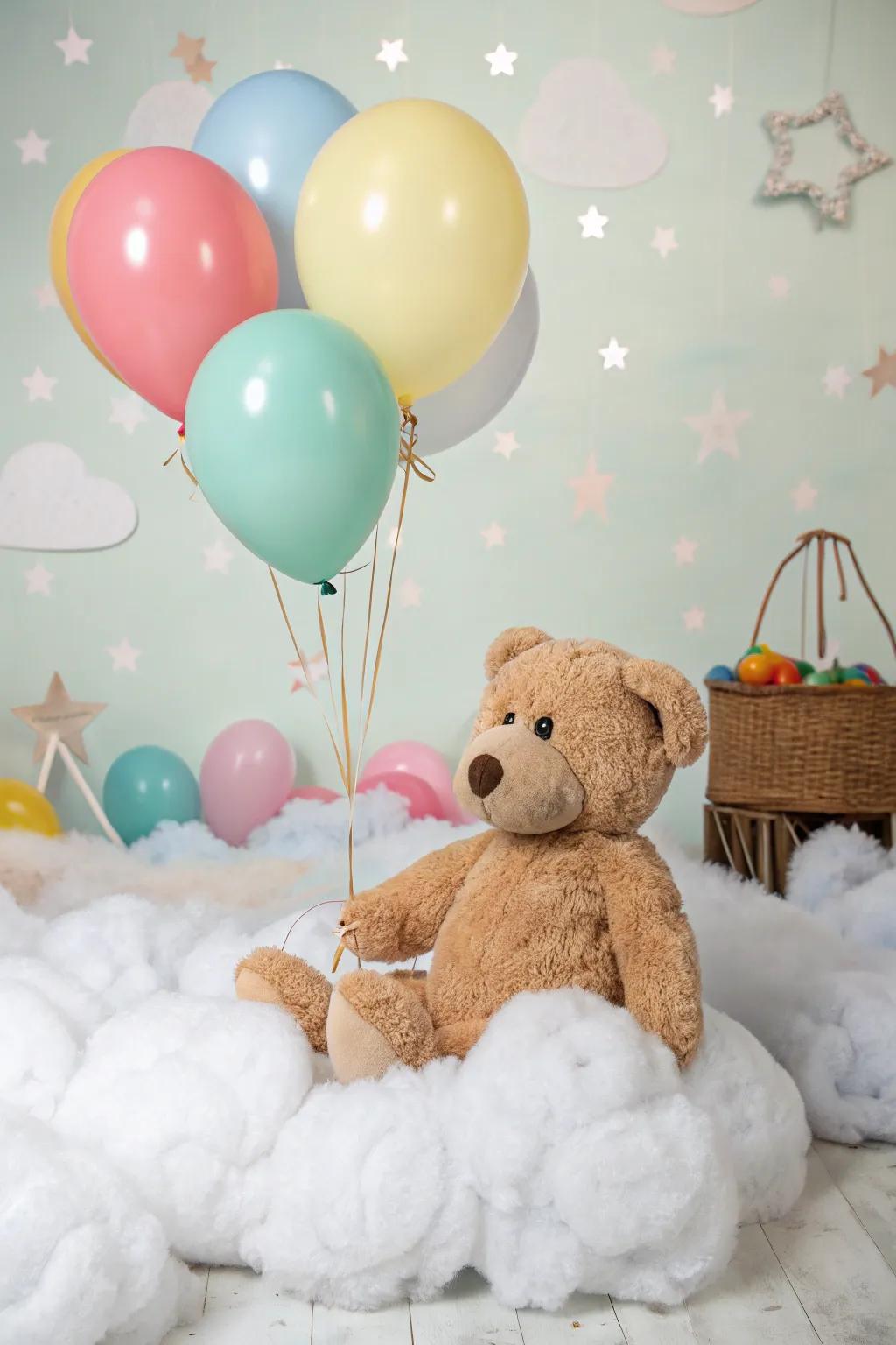 A dreamy cumulus and balloons arrangement for a cuddly bear centerpiece.