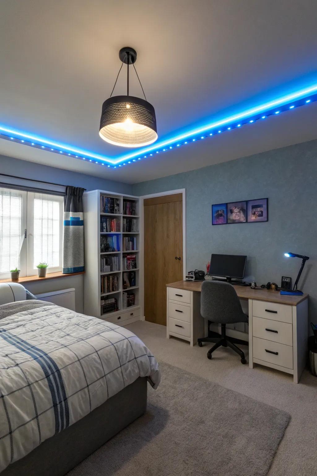 A teen boy's room showcases customizable LED lighting for a personalized atmosphere.