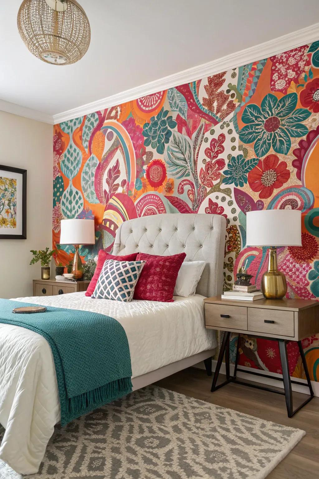 Vibrant self-adhesive wallpaper quickly revitalizes a temporary wall.