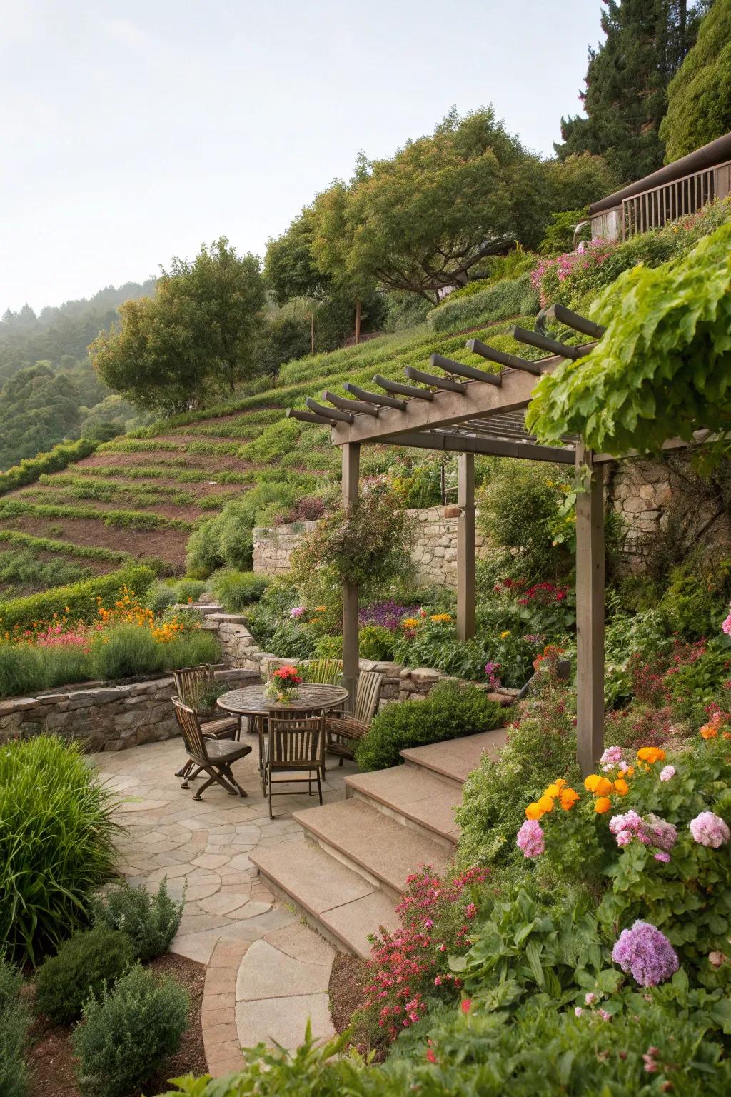 A stylish pergola situated in a terraced garden, delivering shade and elevating the space's elegance.