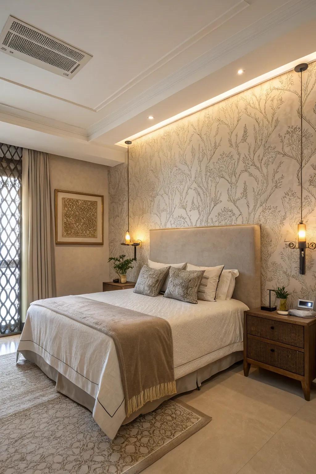 A serene bedroom showcasing an elegant neutral-toned textured wall.