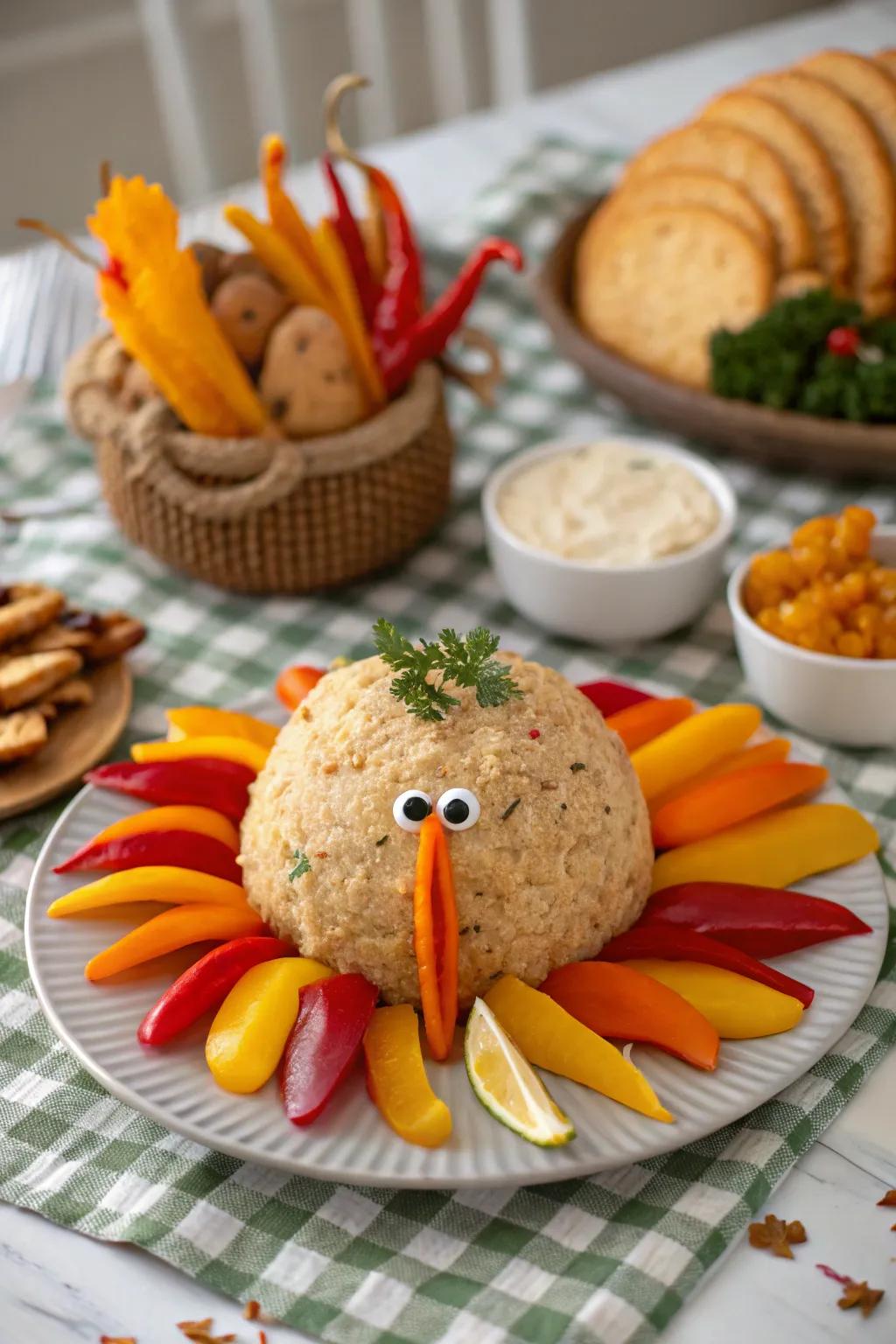 A veggie turkey cheese ball, embellished with colorful peppers.