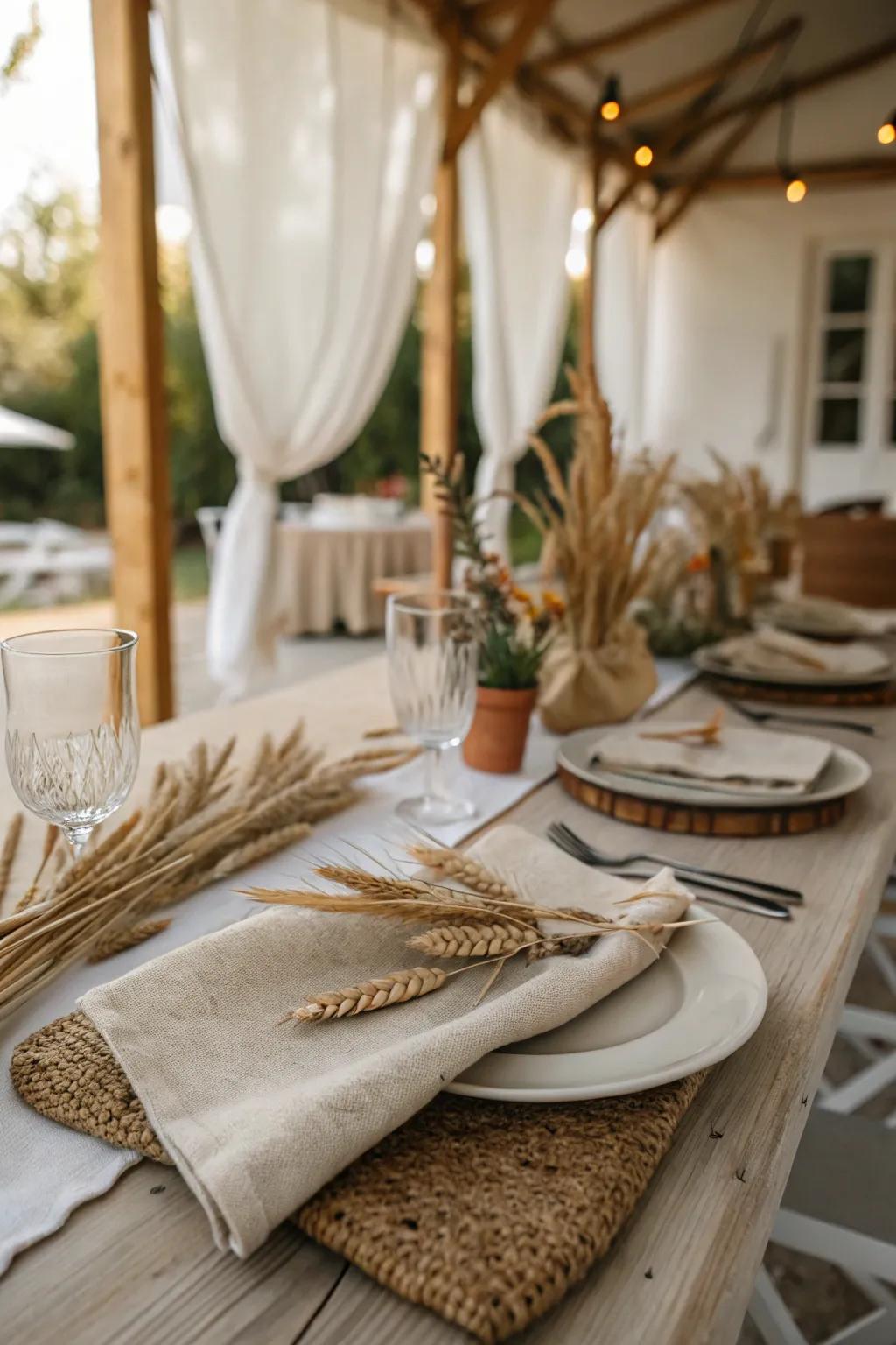 Wheat-wrapped napkins contribute rustic elegance to your table.