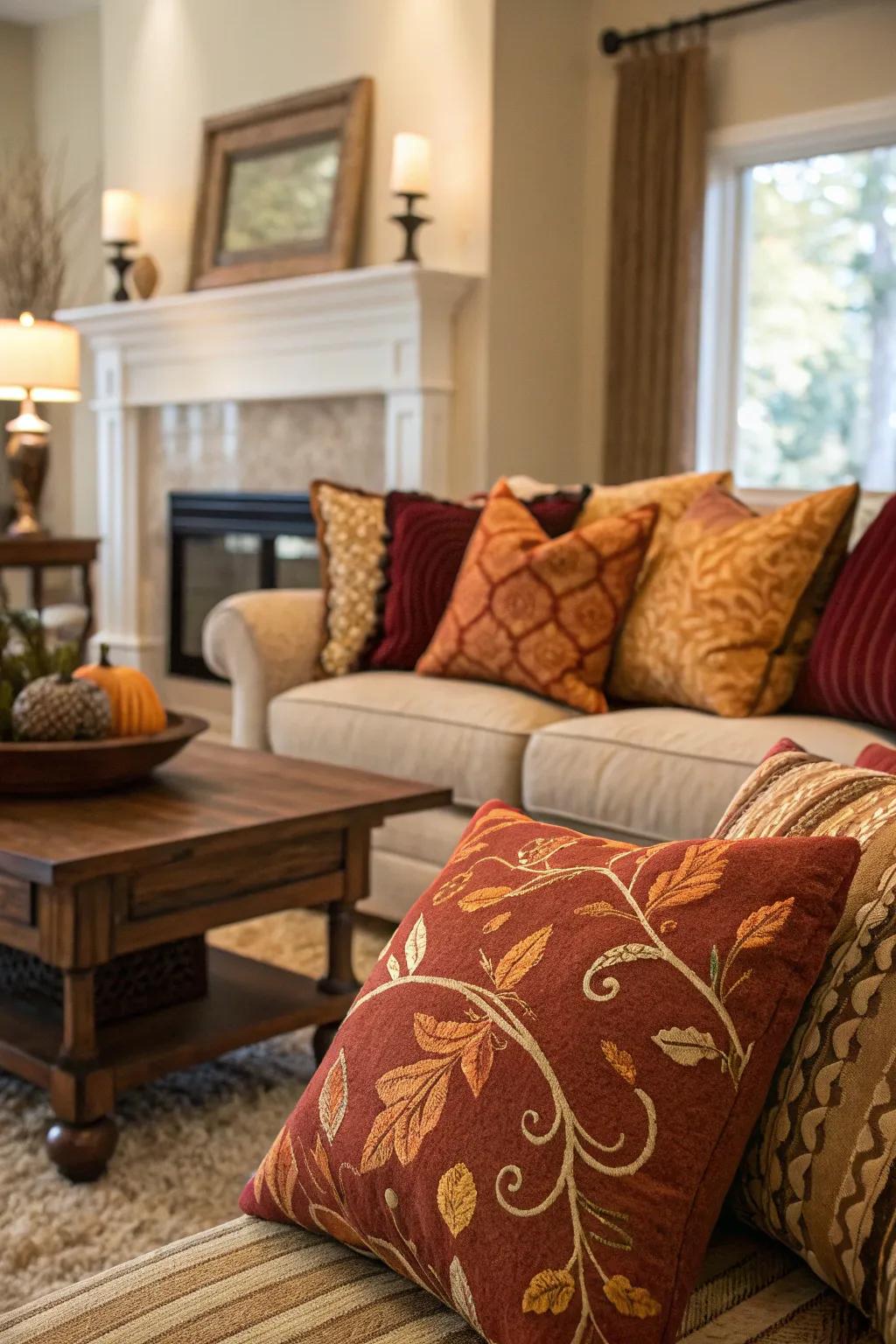 A seasonal shift featuring cushions in comforting, autumnal colors.