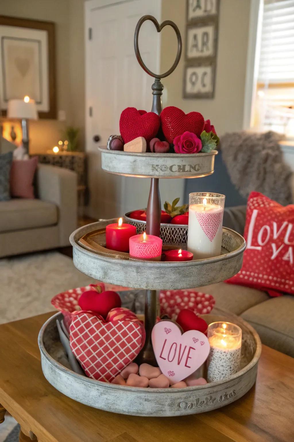 A Valentine’s Day-themed tiered tray radiates love and warmth.