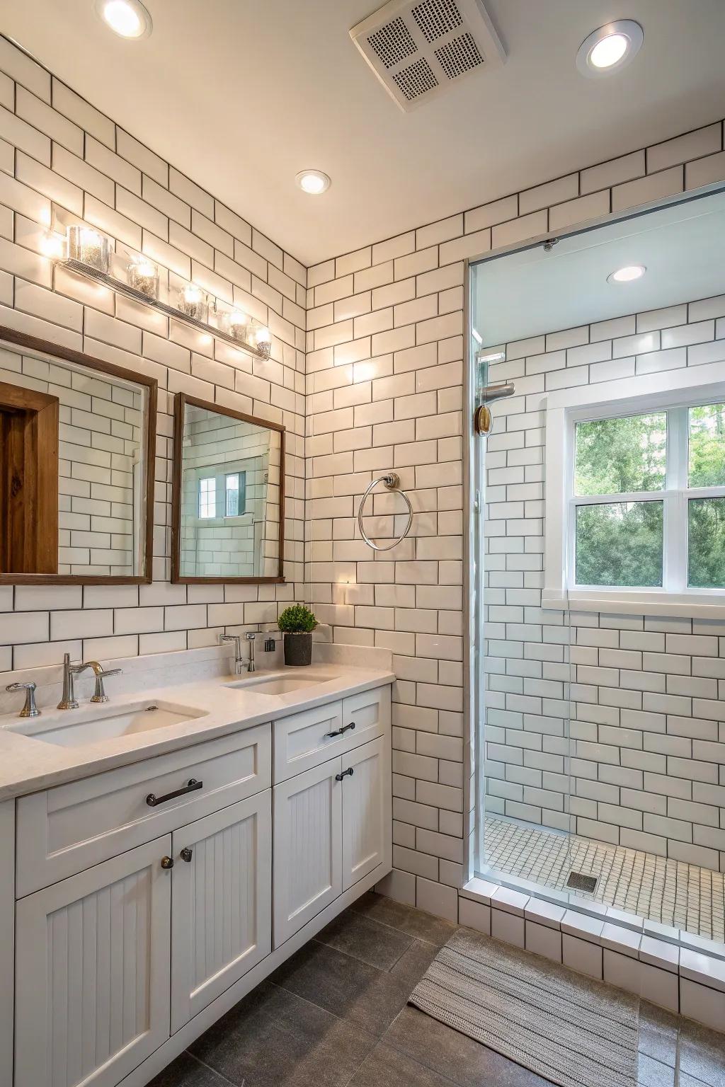Combining brick tile arrangements creates a chic and current washroom design.