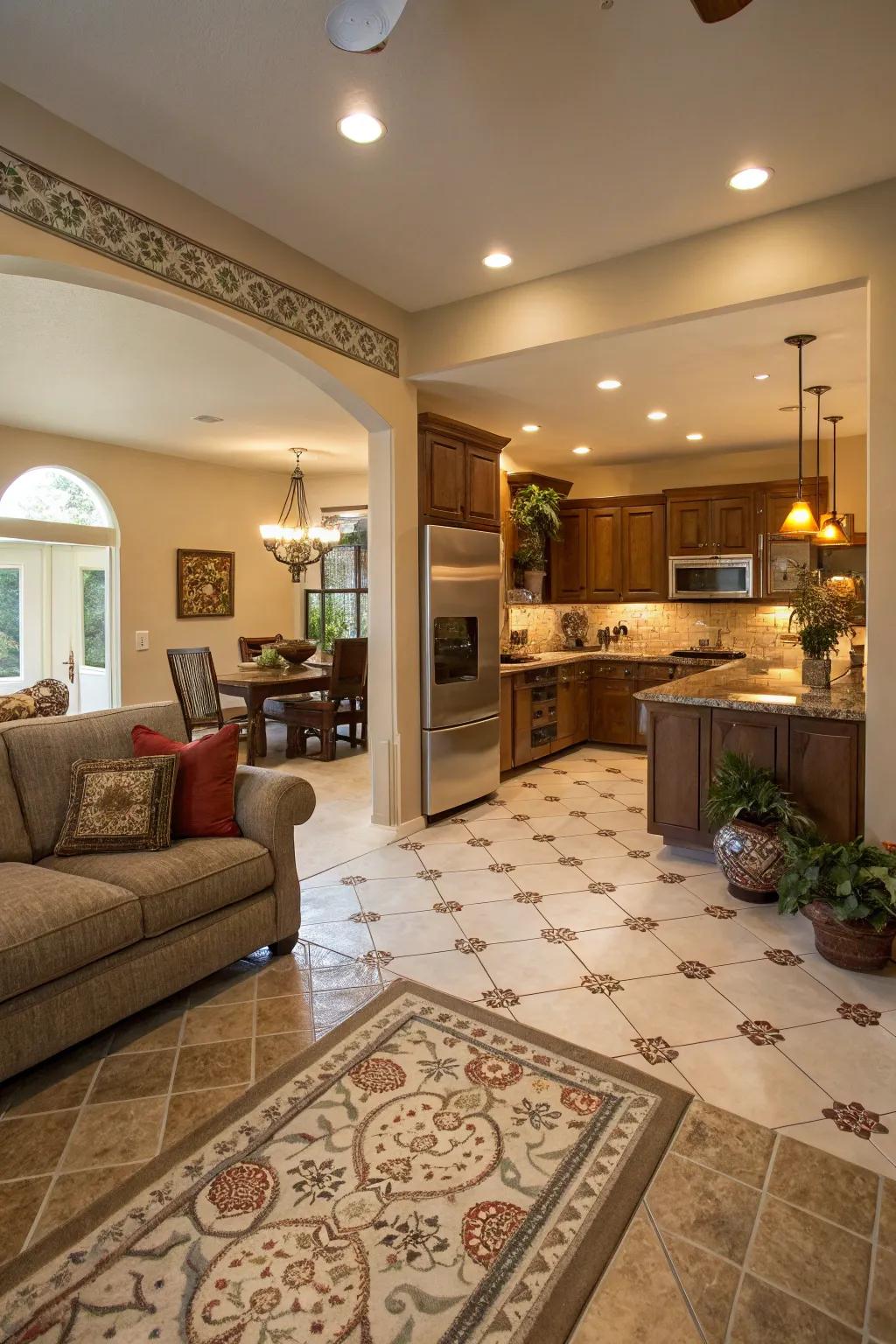 Cohesion across rooms is achieved with similar tile designs.