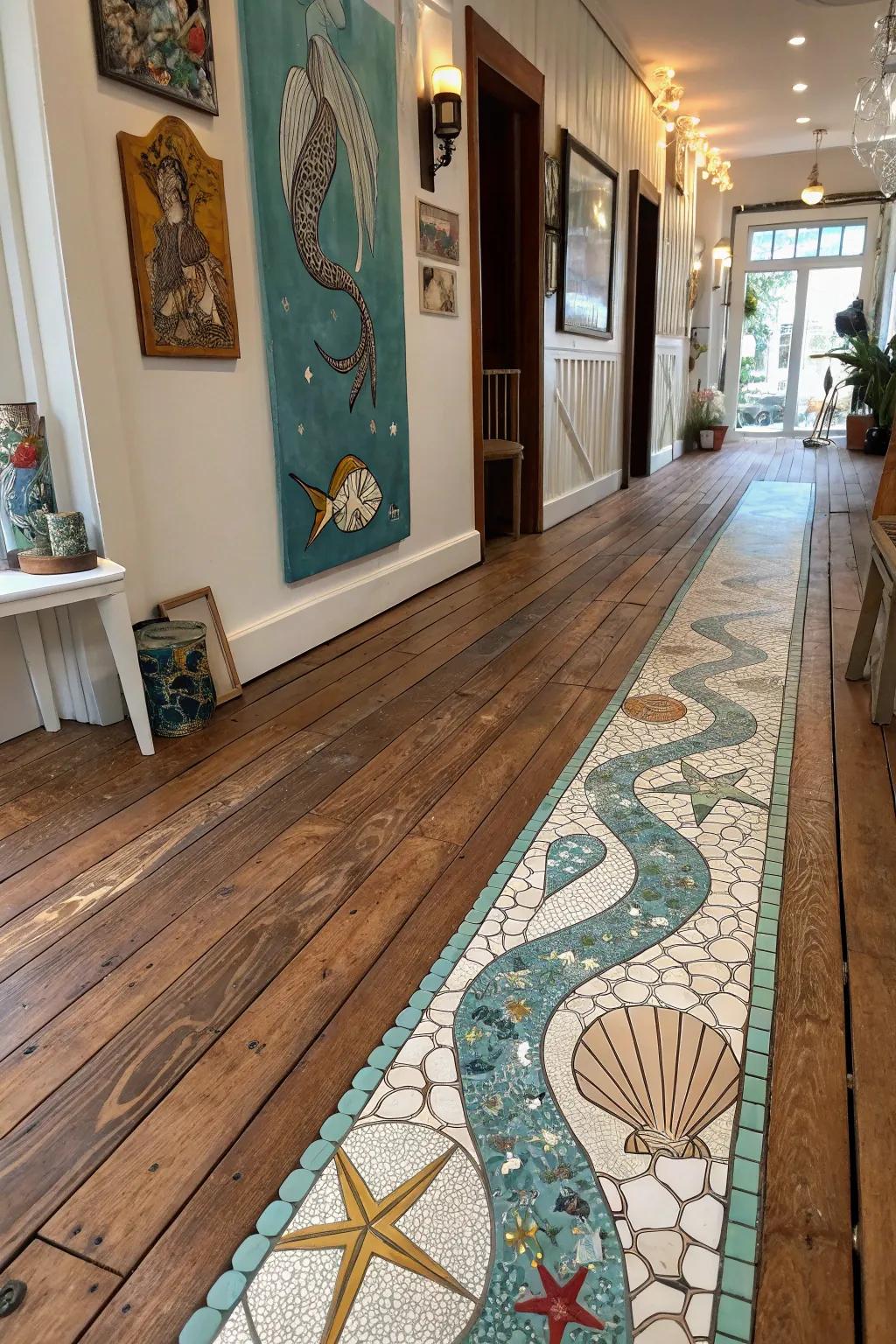Mermaid tiles fashion a whimsical transition into hardwood flooring.