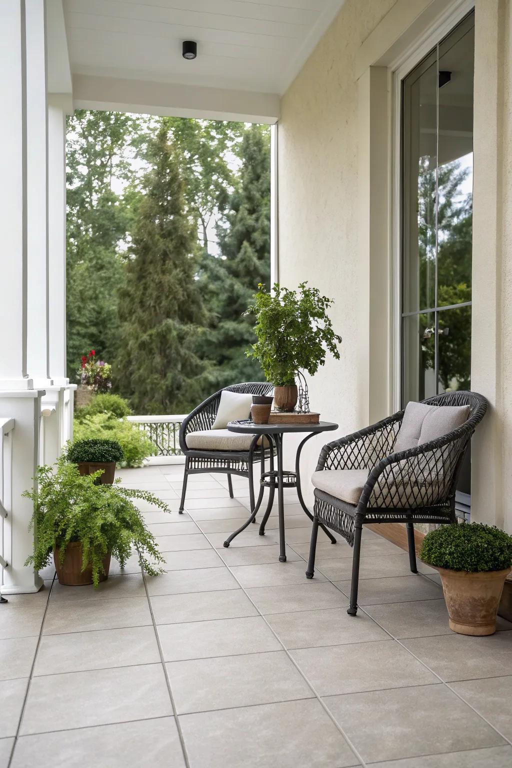 Minimalist tiles give this porch a peaceful elegance.