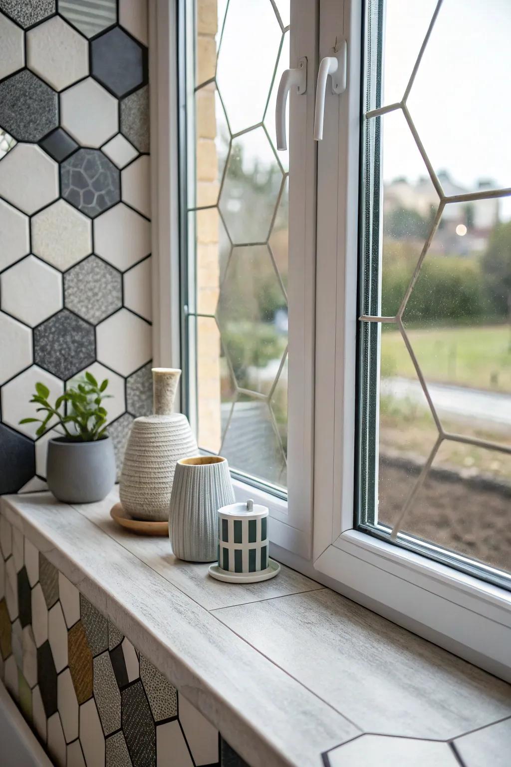 Geometric tiles turn this windowsill into a contemporary and captivating characteristic.