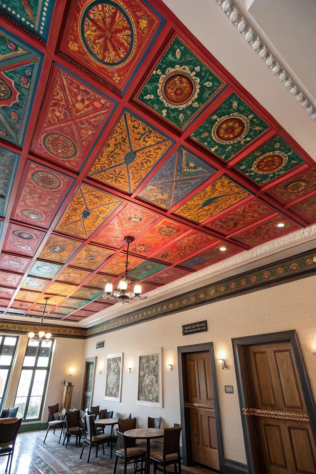 Painted metallic ceilings contribute a burst of color and personality.