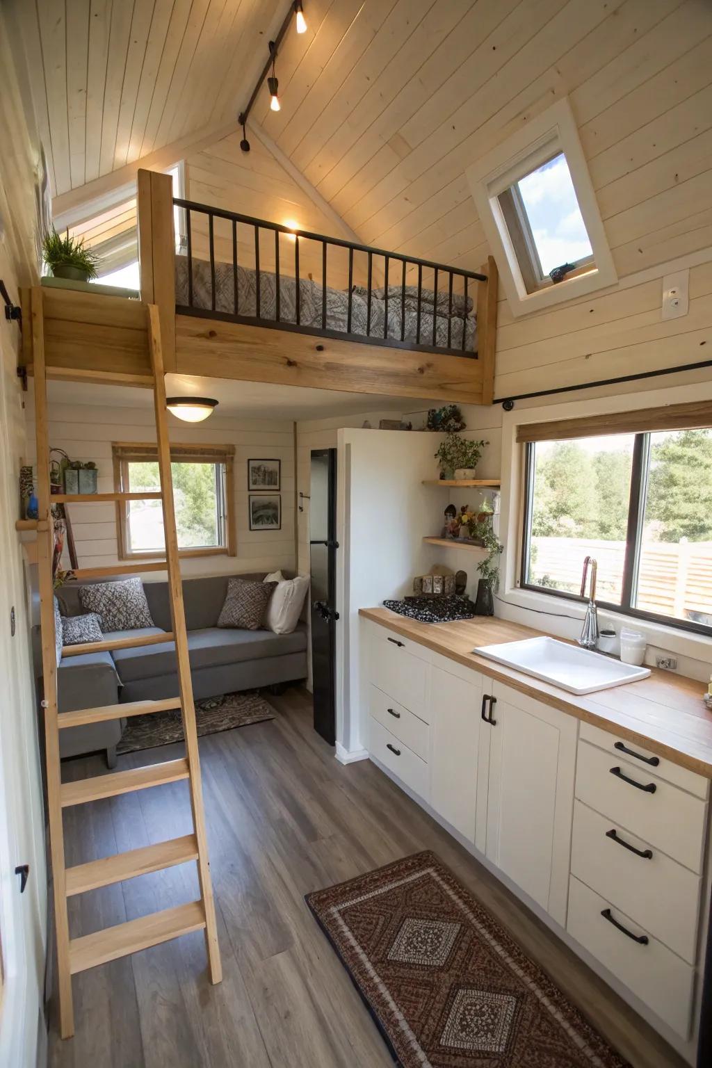 Elevated sleeping spaces free up floor space in tiny houses.