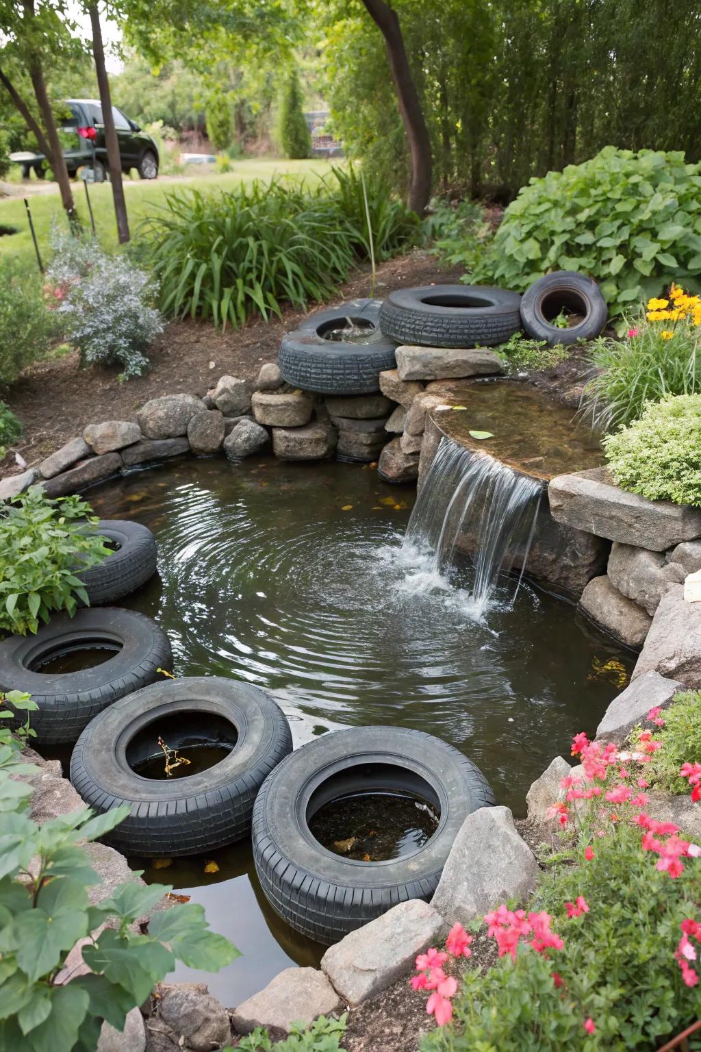 A tire pond showcasing a comforting water spout element.