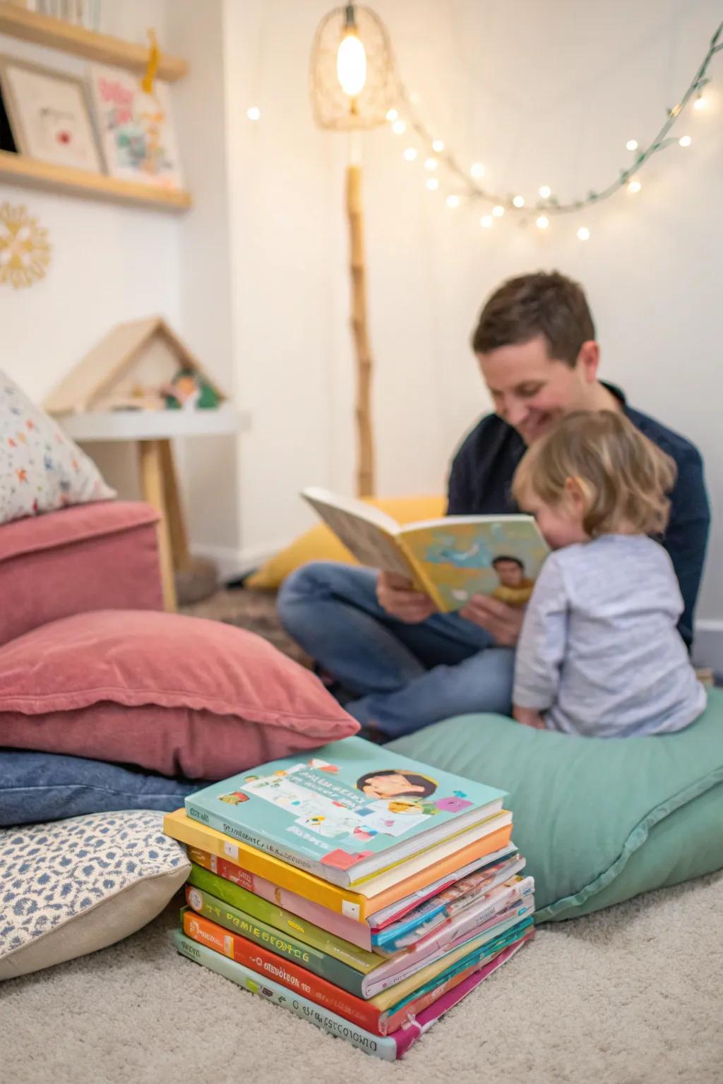 A storytime corner offering a tranquil retreat for toddlers during the party.