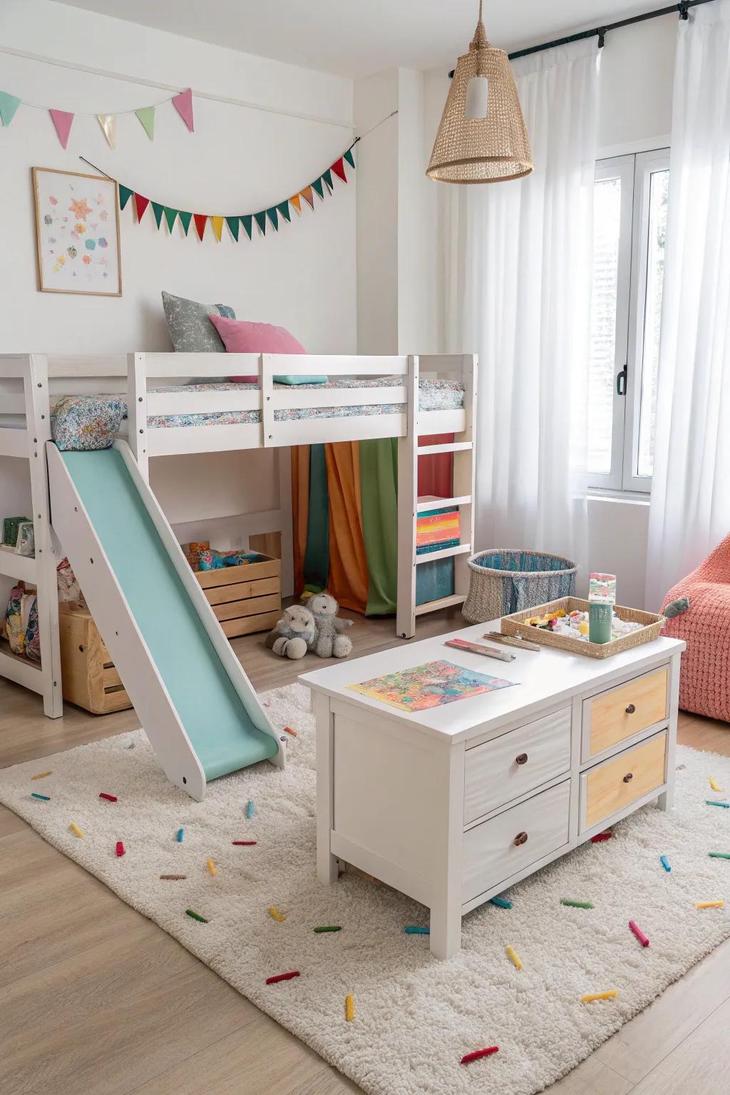 Multi-use furnishings maximize area and practicality.