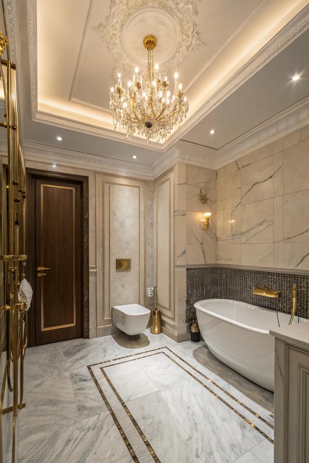 Refined luxury via a small pendant lamp within a restroom.