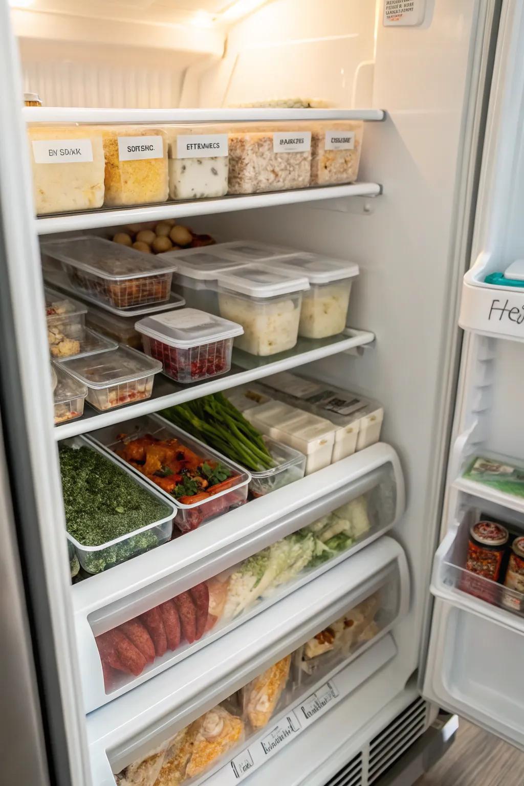Dividers within a top freezer establishing unique zones for various food categories.