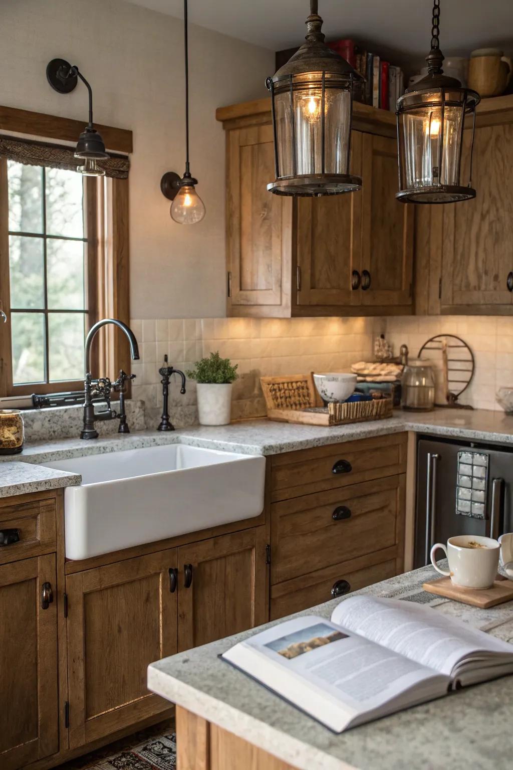Farmhouse-style cabinets foster a cozy and nostalgic kitchen environment.