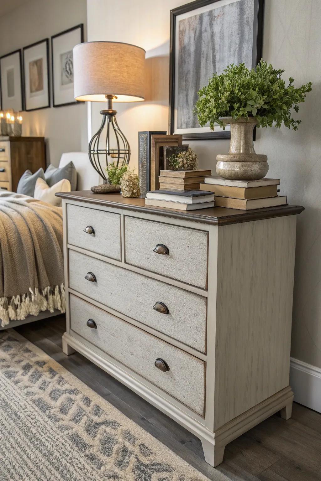 Stacked books increase the visual interest on top of a dresser.