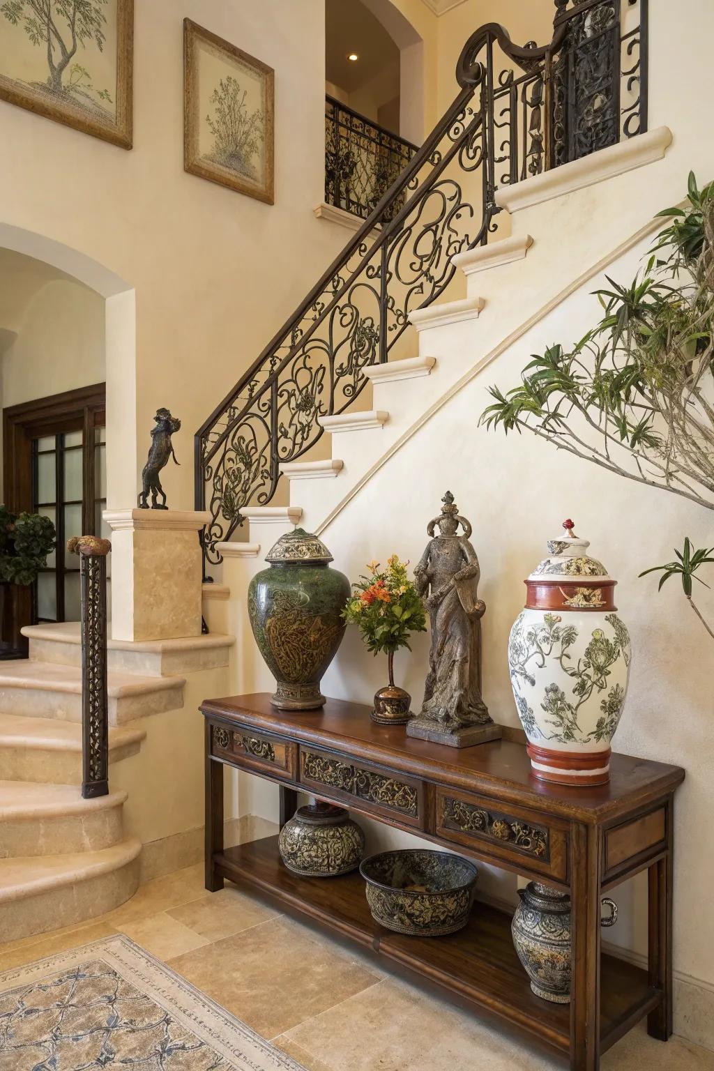 Decorative embellishments bestow a personalized nuance upon the apex of staircases.
