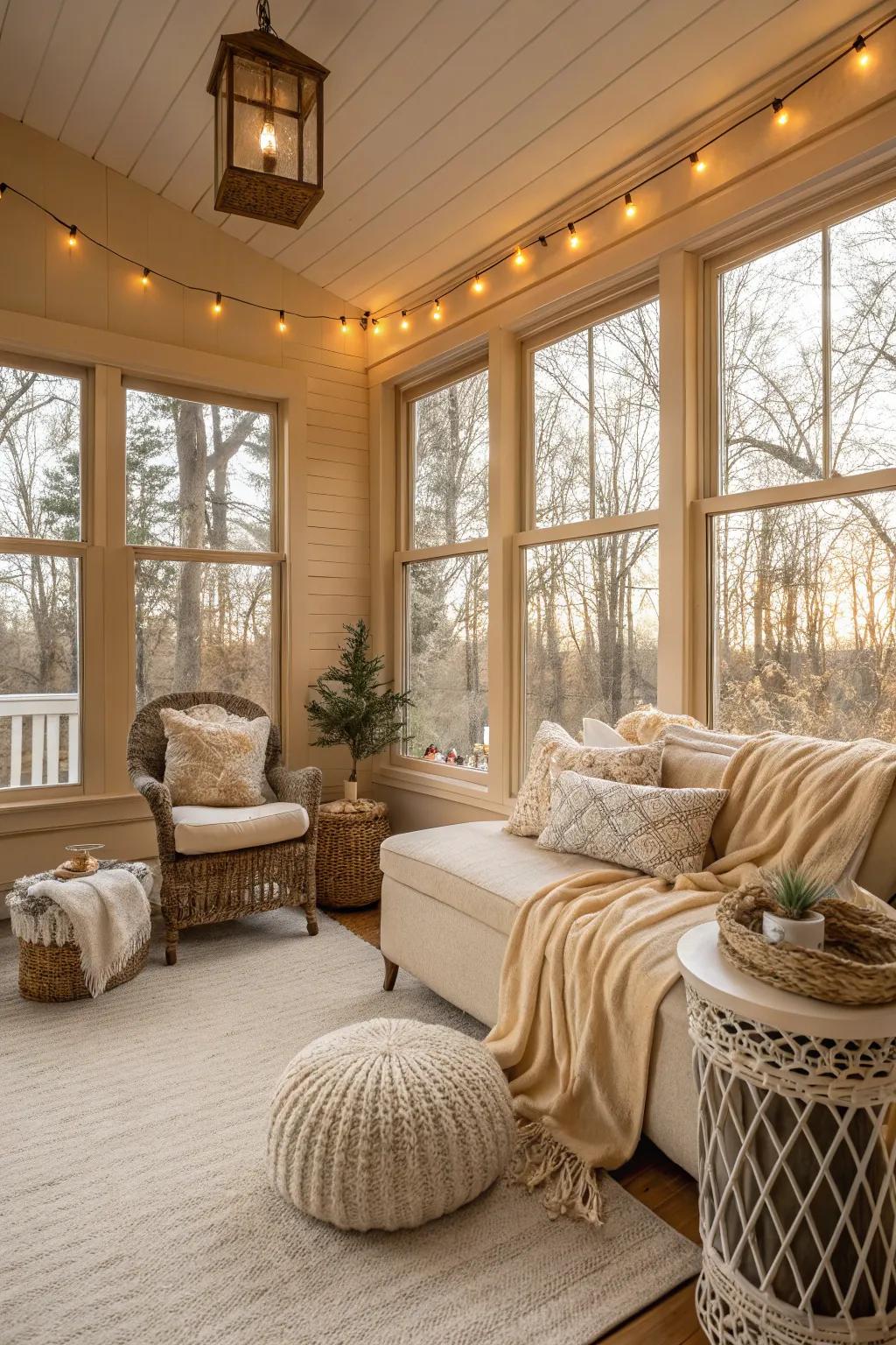 Sandstone walls forming a comfortable and inviting sunroom area.