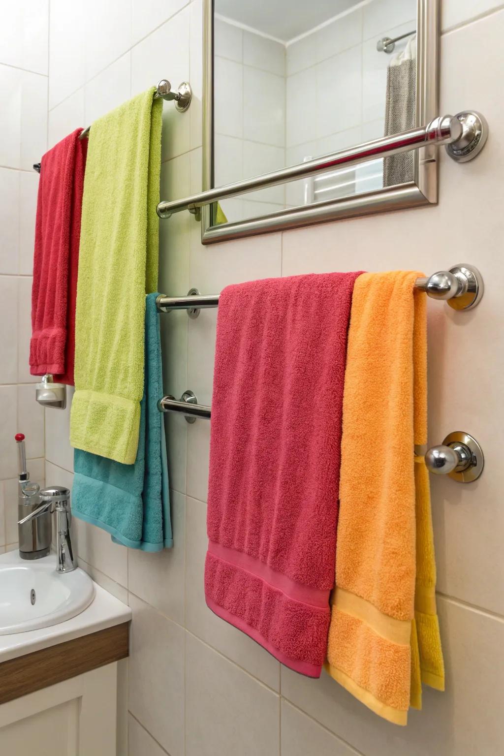Create a dynamic look with a group of towel rods for family-friendly use.