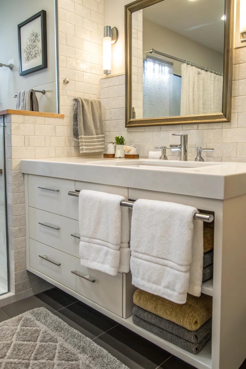Optimize space by installing a towel bar underneath the sink.