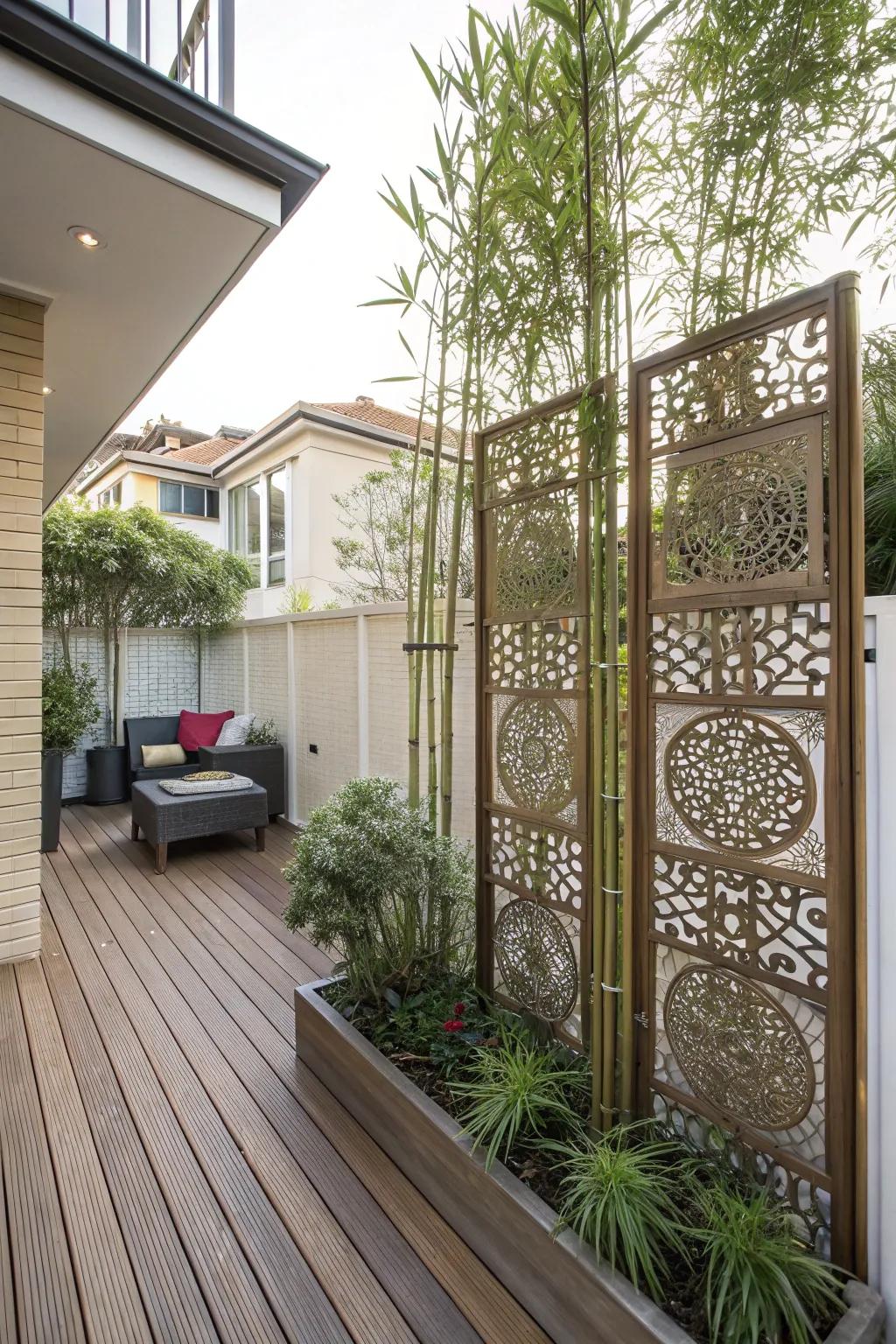 Establish a private haven through refined dividers and lofty plants.