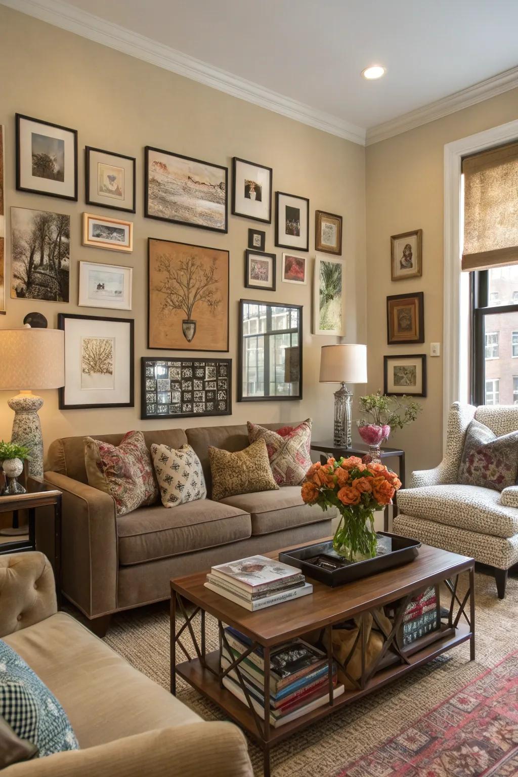 Wall art infuses a personal impression and aesthetic intrigue into the room.