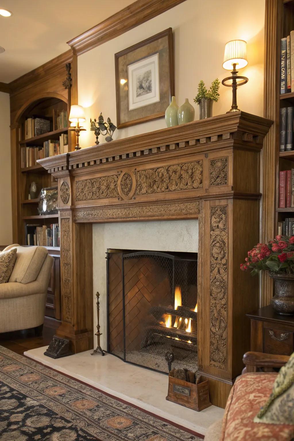 A carved timber mantel infuses the fireplace with warmth.