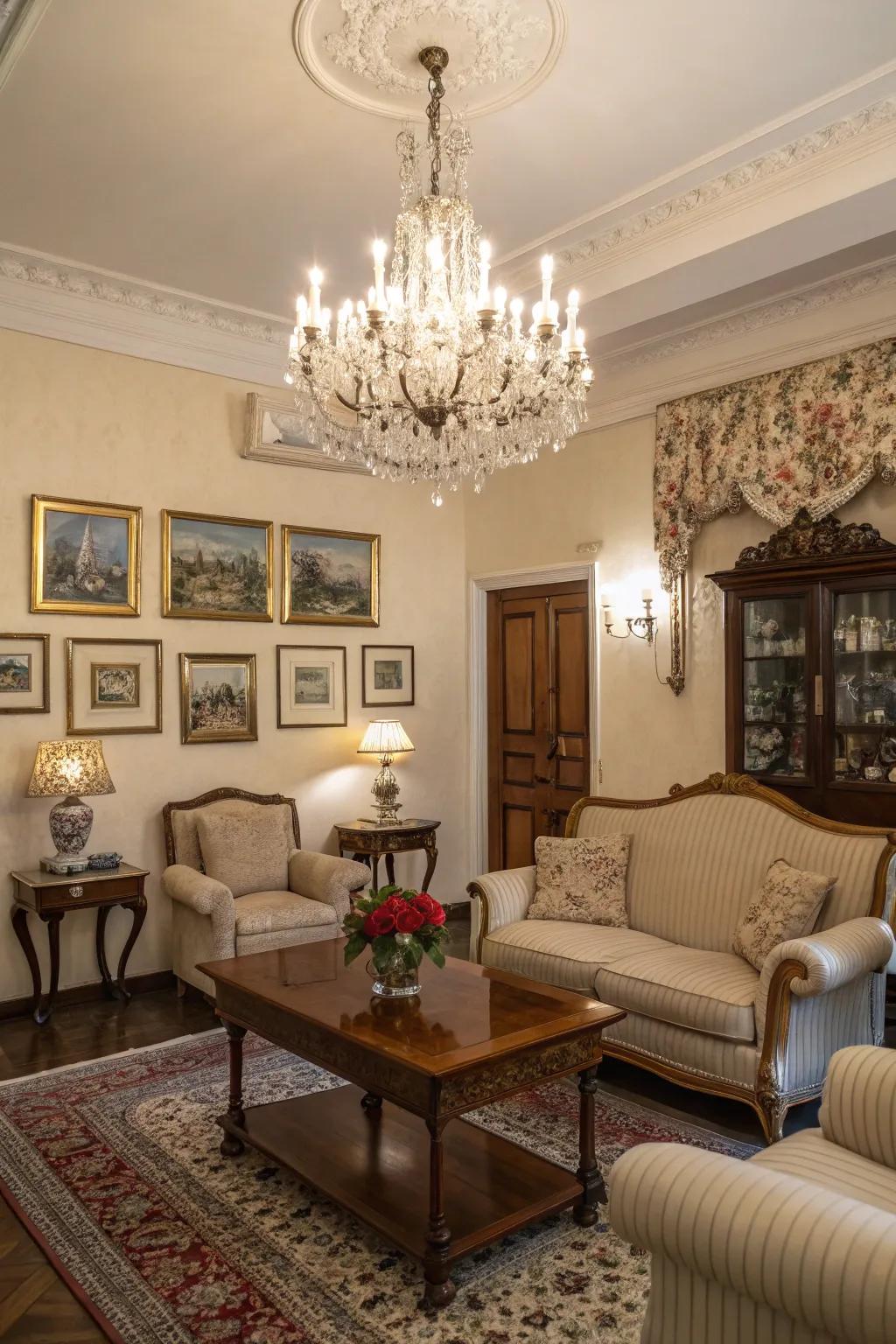 Elegant illumination fittings add sophistication to a traditional relaxation space.