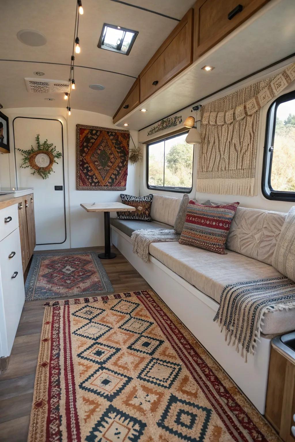 A camper interior featuring patterned rugs and textured wall decor for added personality.