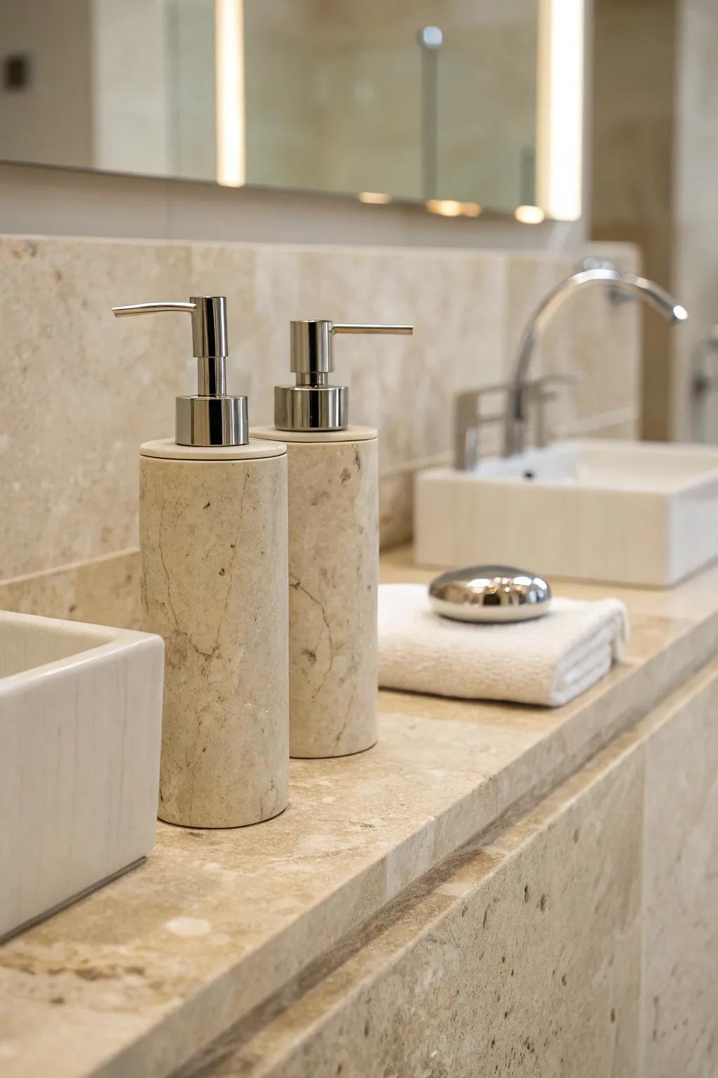 A travertine bathroom featuring minimalist fixtures in sleek polished metal.