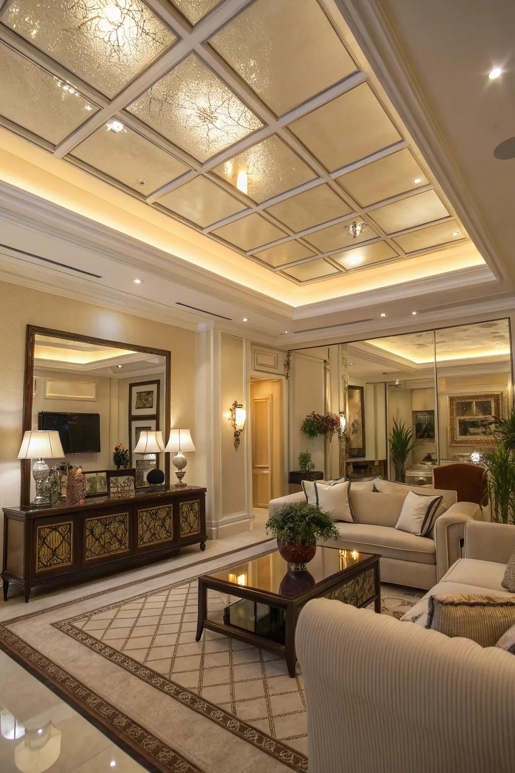 A living room featuring mirrored panels in the tray ceiling for added depth.