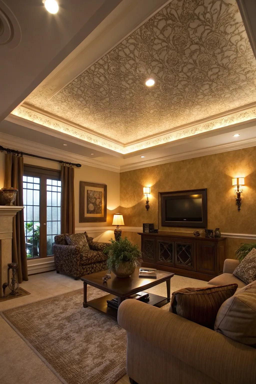 A living space enhanced by a tray ceiling featuring varied tones and textures.