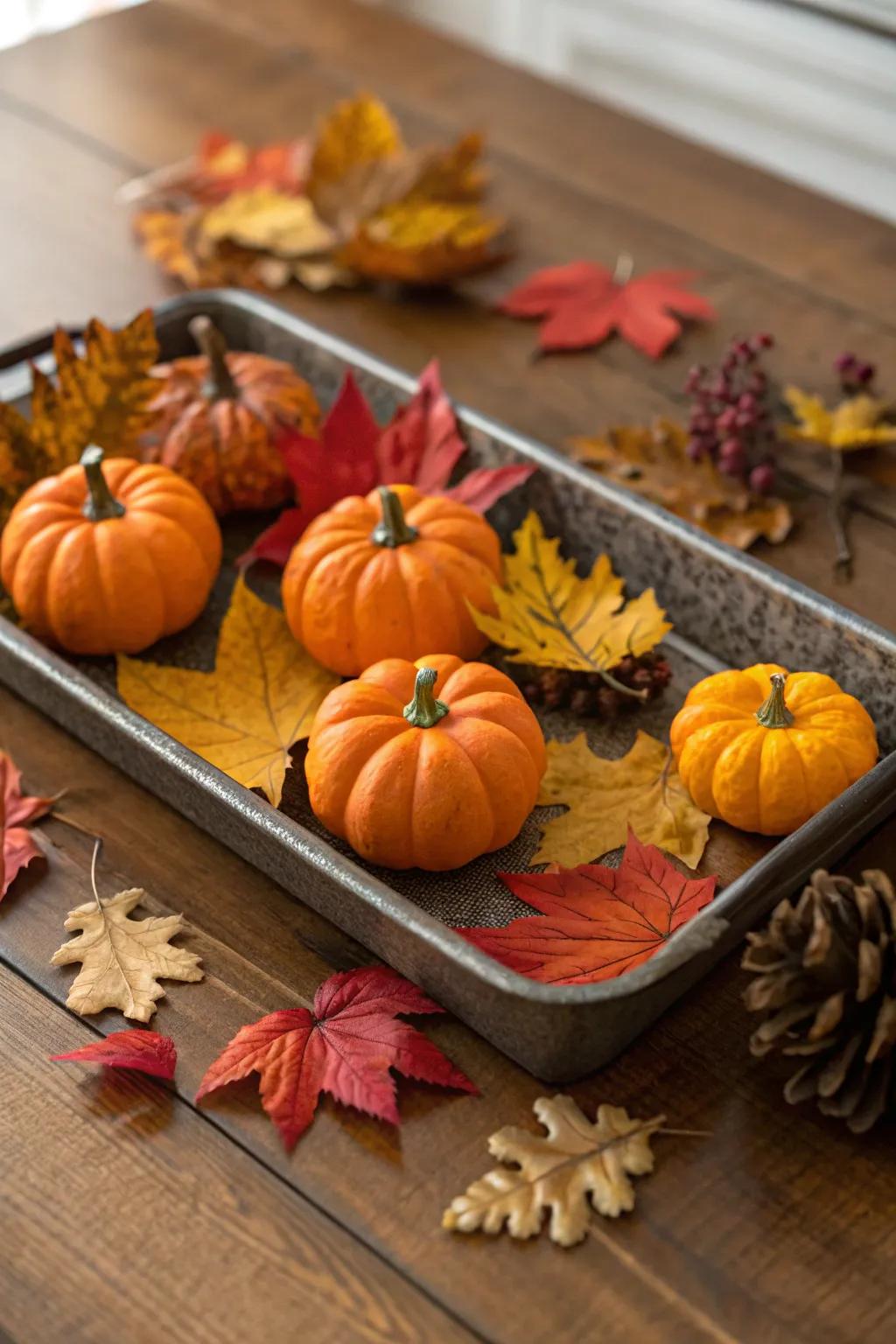 A fall-themed tray highlighted with pumpkins and autumnal foliage.