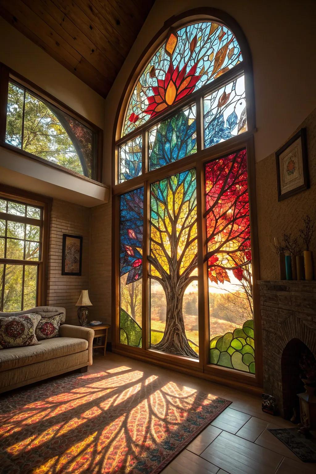 Colorful colored glass Arbor Vitae window fills a room with light.