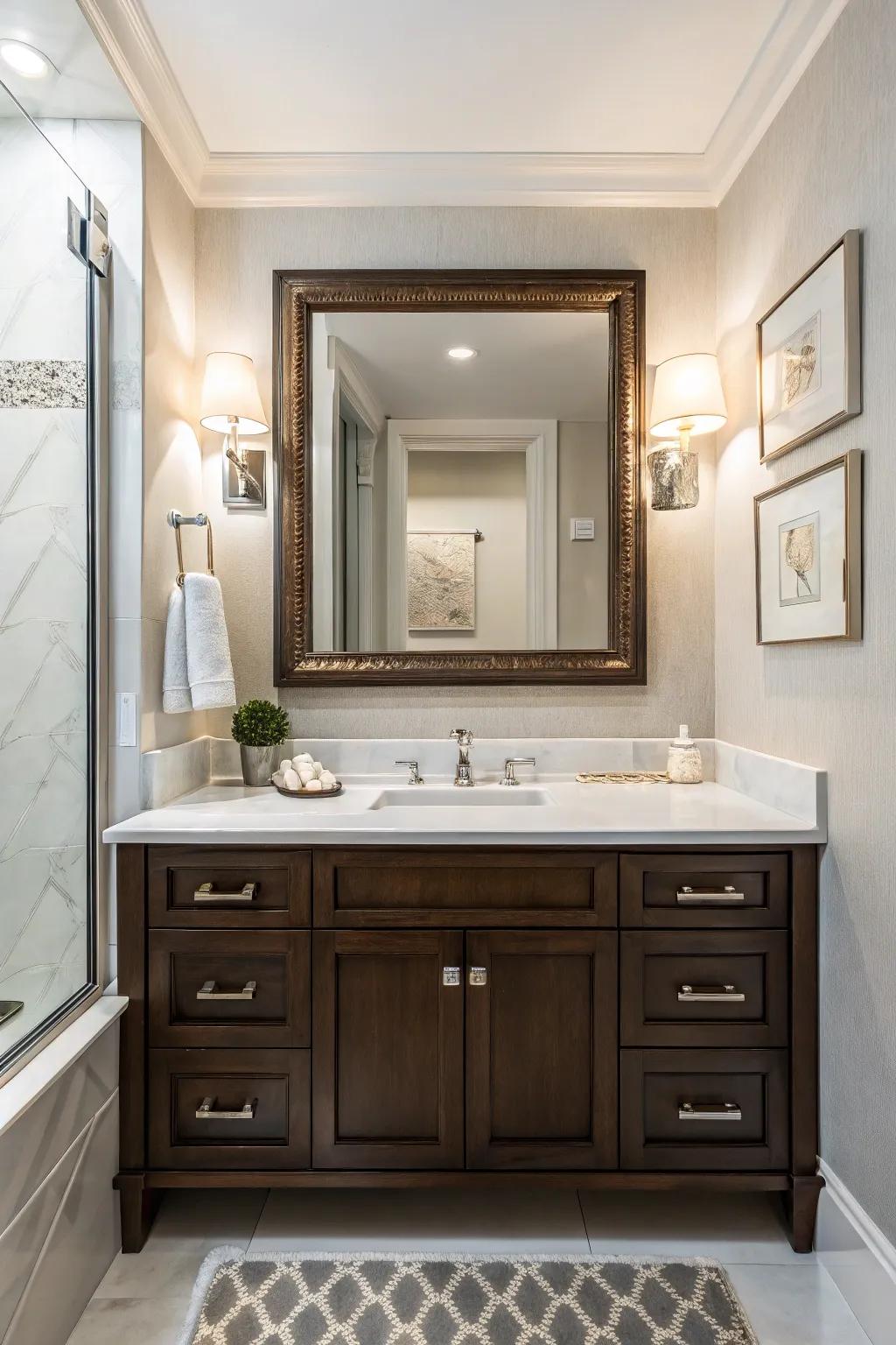A bathroom showcasing a stylish mirror that elevates the vanity area.