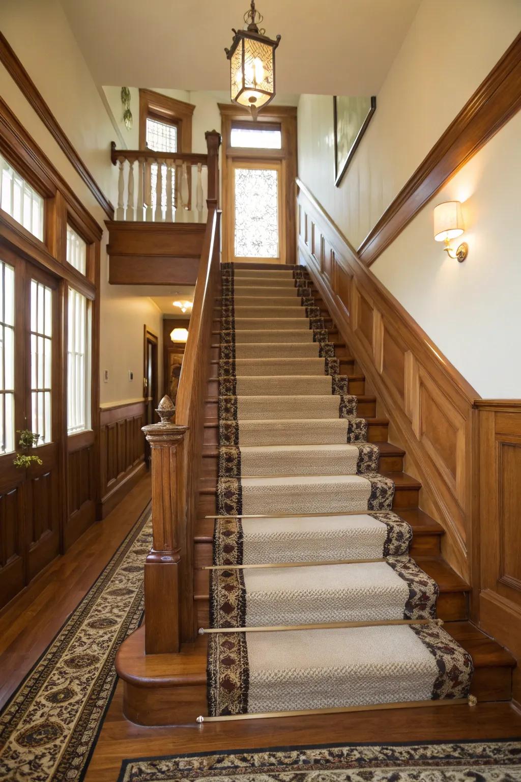 A staircase refined with stylish wooden border.