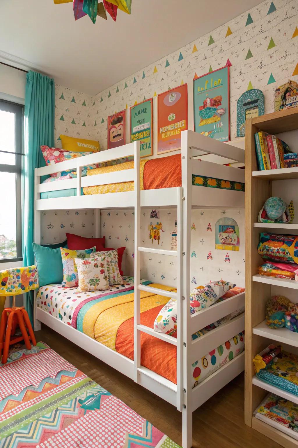 Child-friendly triple bunk beds with vibrant themes and decor.