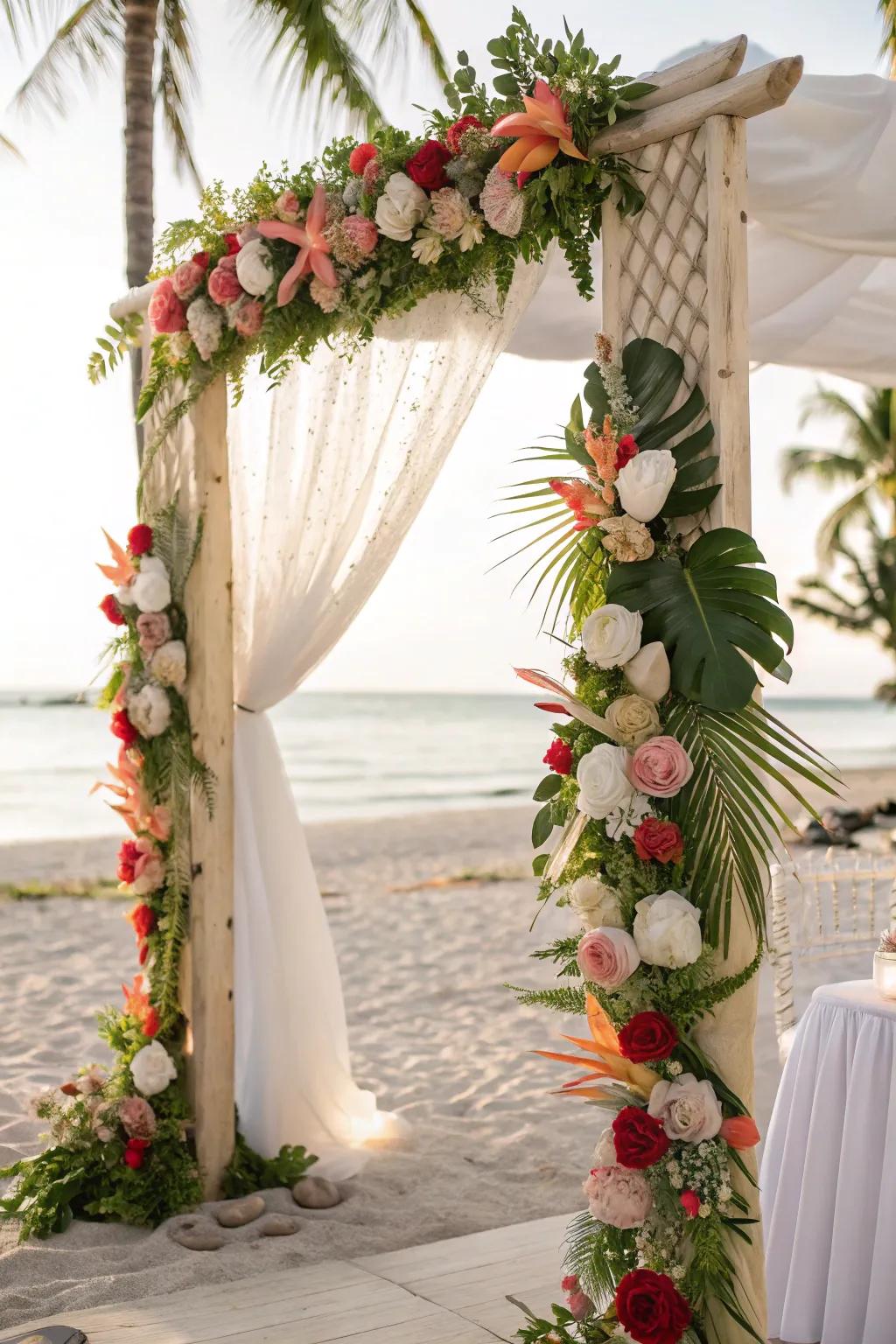 An imaginative arch featuring seashells and tropical elements.